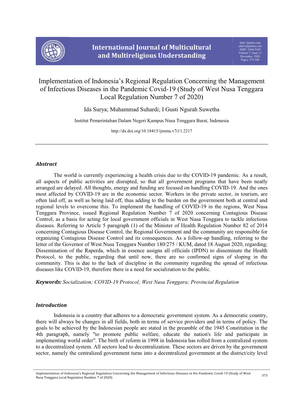 International Journal of Multicultural and Multireligious Understanding Implementation of Indonesia's Regional Regulation Conc