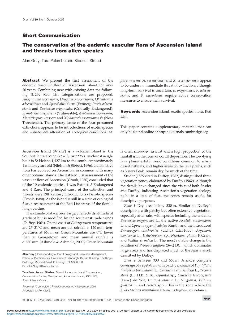 The Conservation of the Endemic Vascular Flora of Ascension Island and Threats from Alien Species