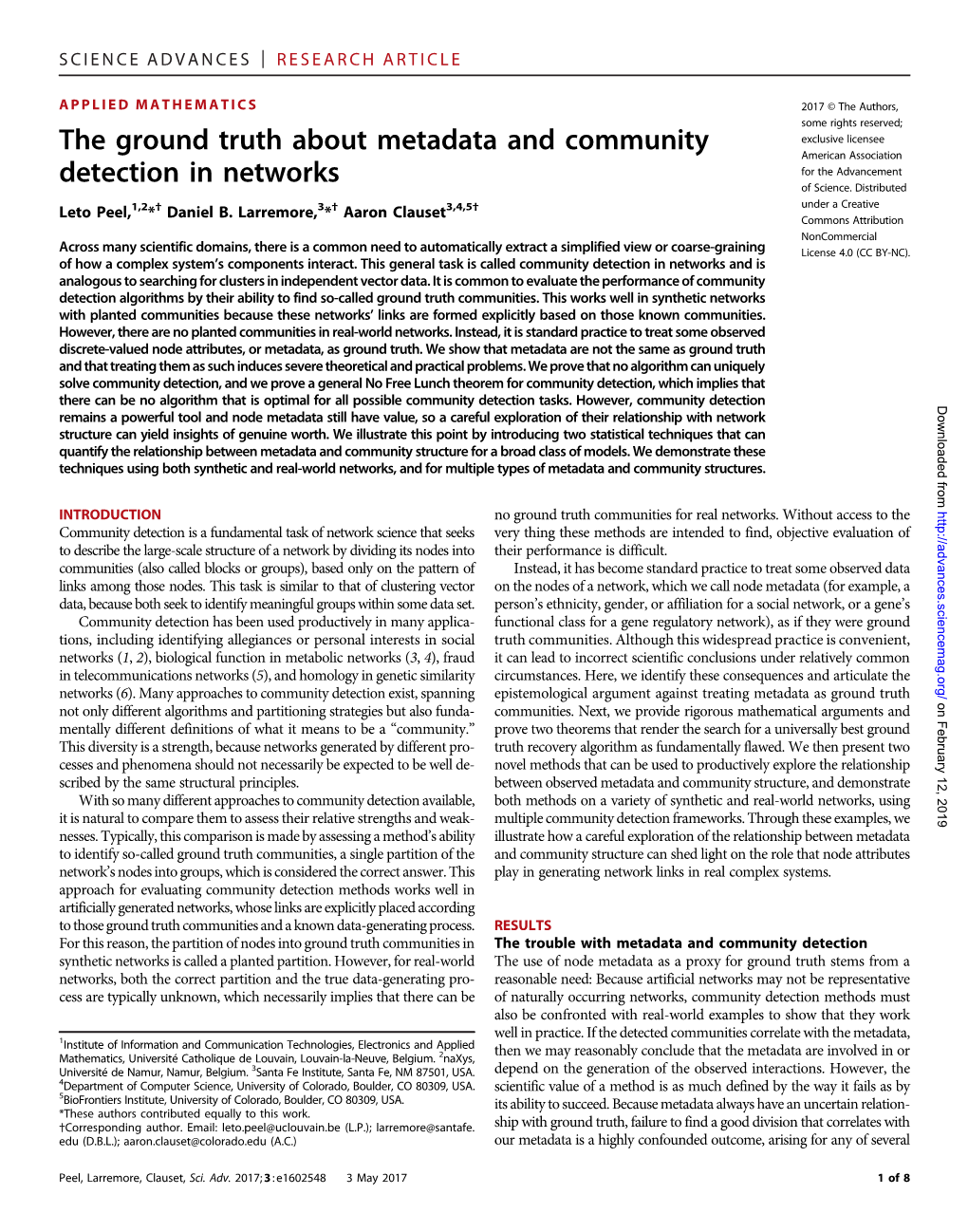 The Ground Truth About Metadata and Community Detection in Networks Leto Peel, Daniel B