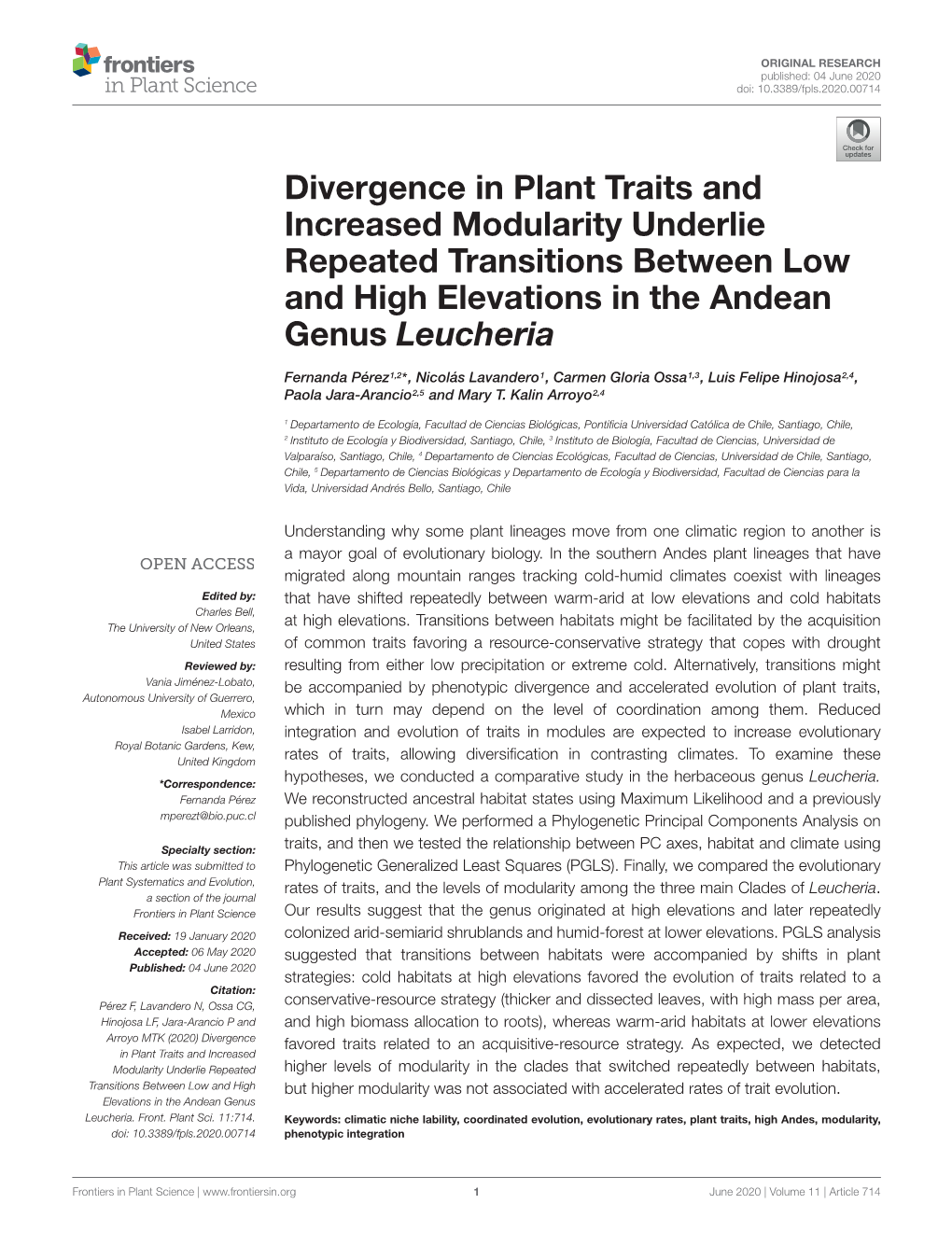 Divergence in Plant Traits and Increased Modularity Underlie Repeated Transitions Between Low and High Elevations in the Andean Genus Leucheria