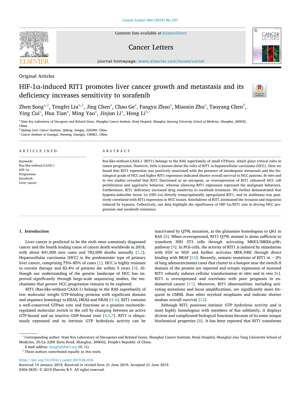 HIF-1Α-Induced RIT1 Promotes Liver Cancer Growth and Metastasis And