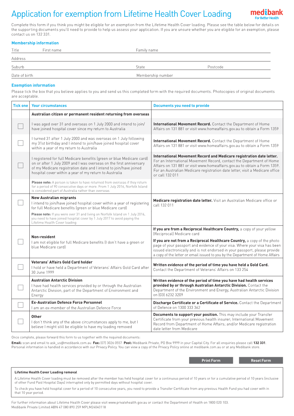 Application for Exemption from Lifetime Health Cover Loading