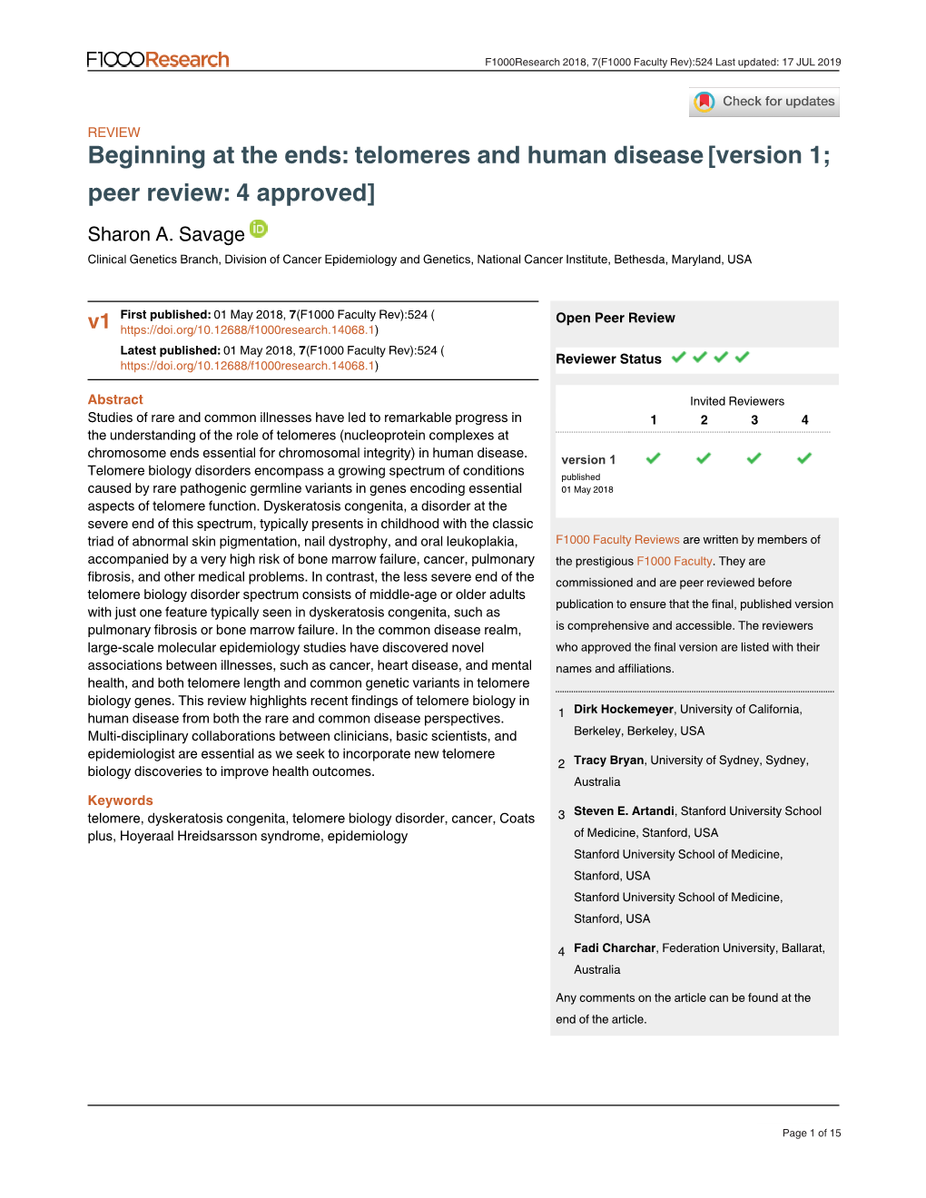 Telomeres and Human Disease[Version 1; Peer Review: 4