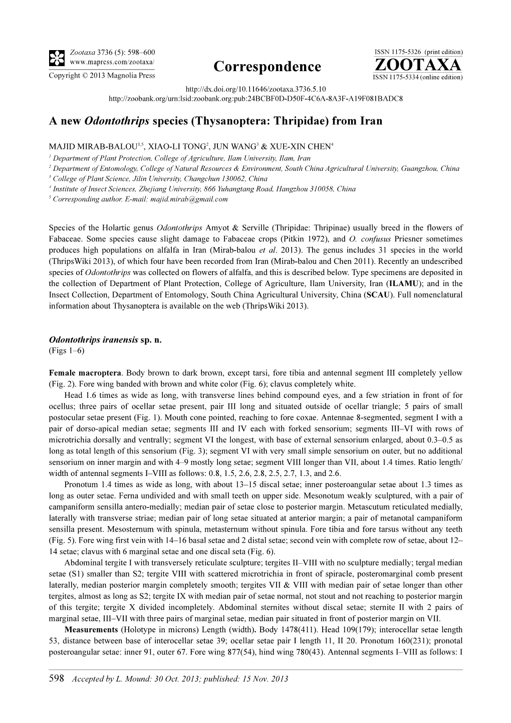 A New Odontothrips Species (Thysanoptera: Thripidae) from Iran