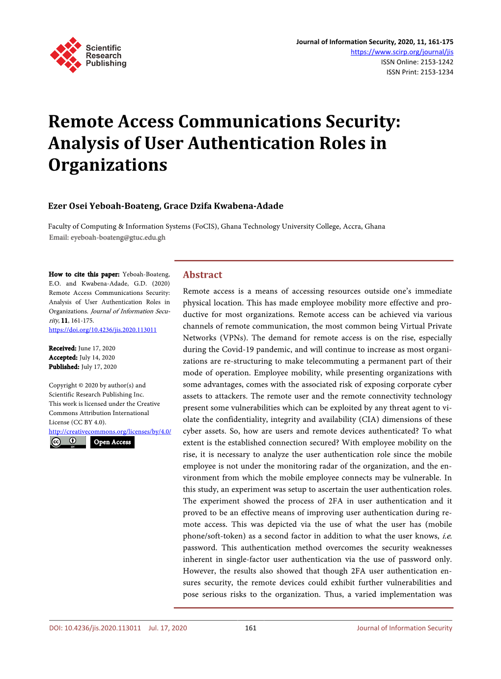 Remote Access Communications Security: Analysis of User Authentication Roles in Organizations