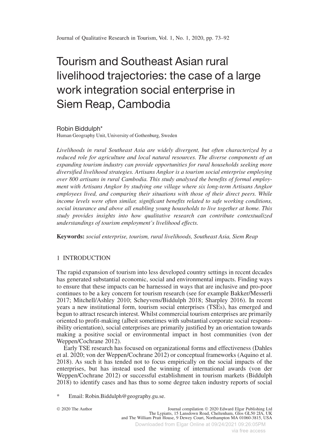 Tourism and Southeast Asian Rural Livelihood Trajectories: the Case of a Large Work Integration Social Enterprise in Siem Reap, Cambodia