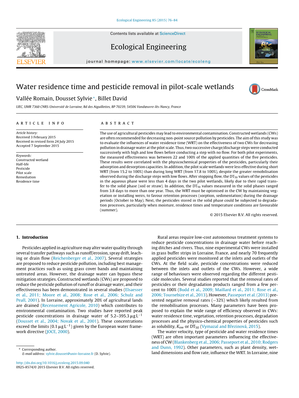 Water Residence Time and Pesticide Removal in Pilot-Scale Wetlands