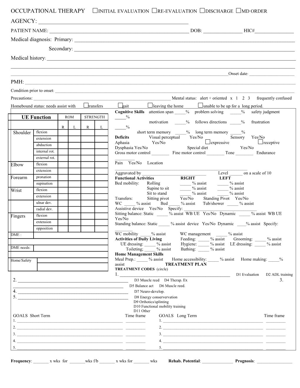 Occupational Therapy Initial Evaluation Re-Evaluation Discharge Md Order