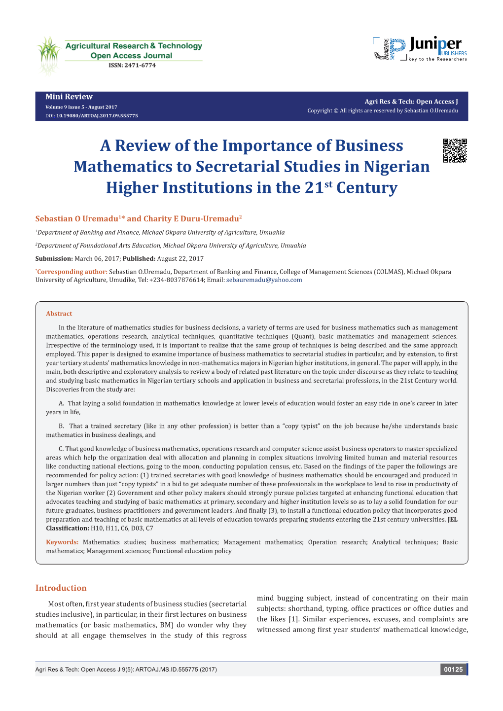 A Review of the Importance of Business Mathematics to Secretarial Studies in Nigerian Higher Institutions in the 21St Century