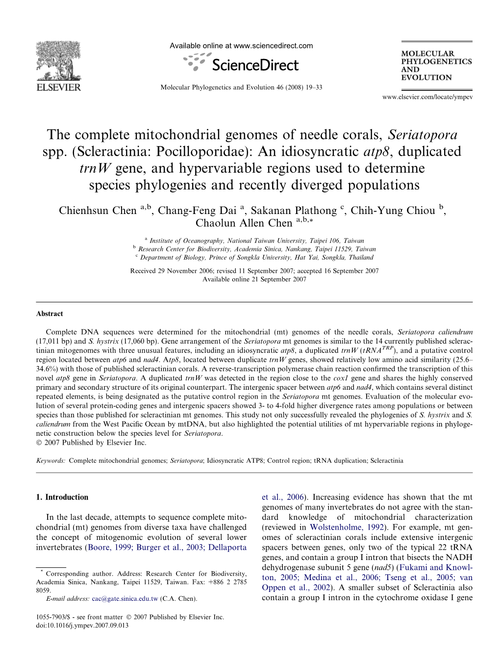 The Complete Mitochondrial Genomes of Needle Corals, Seriatopora Spp