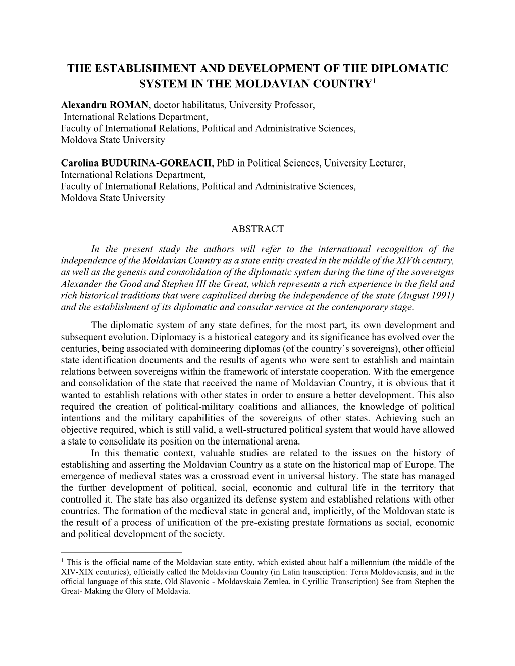 The Establishment and Development of the Diplomatic System in the Moldavian Country1