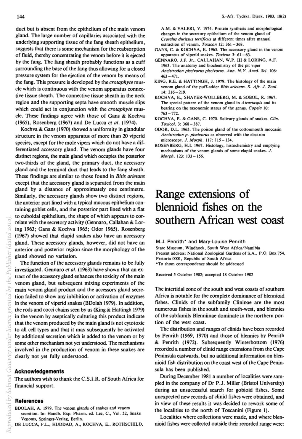 Range Extensions of Blennioid Fishes on the Southern African West Coast