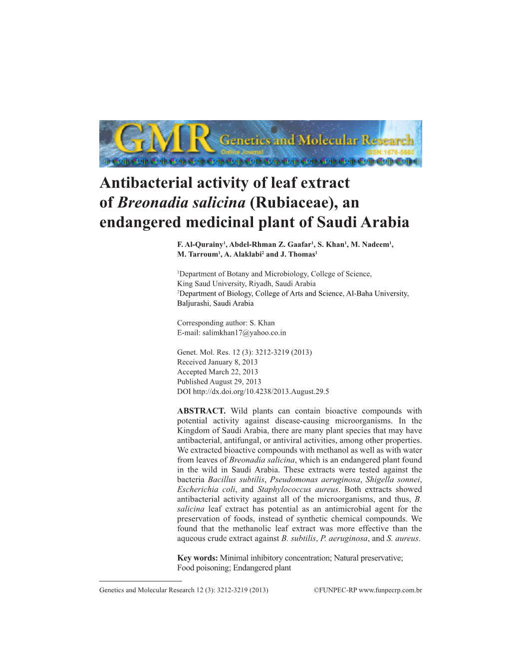 Antibacterial Activity of Leaf Extract of Breonadia Salicina (Rubiaceae), an Endangered Medicinal Plant of Saudi Arabia