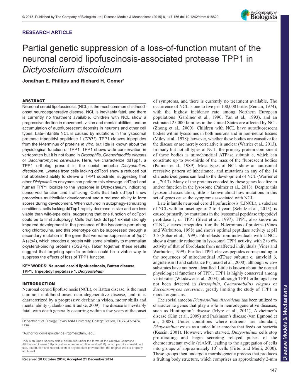 Partial Genetic Suppression of a Loss-Of-Function Mutant of the Neuronal Ceroid Lipofuscinosis-Associated Protease TPP1 in Dictyostelium Discoideum Jonathan E