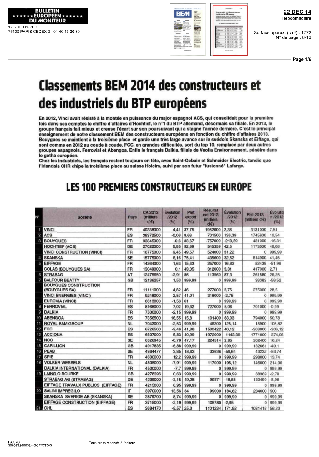 Classements BEM 2014 Des Constructeurs Et Des Industriels Du BTP Européens
