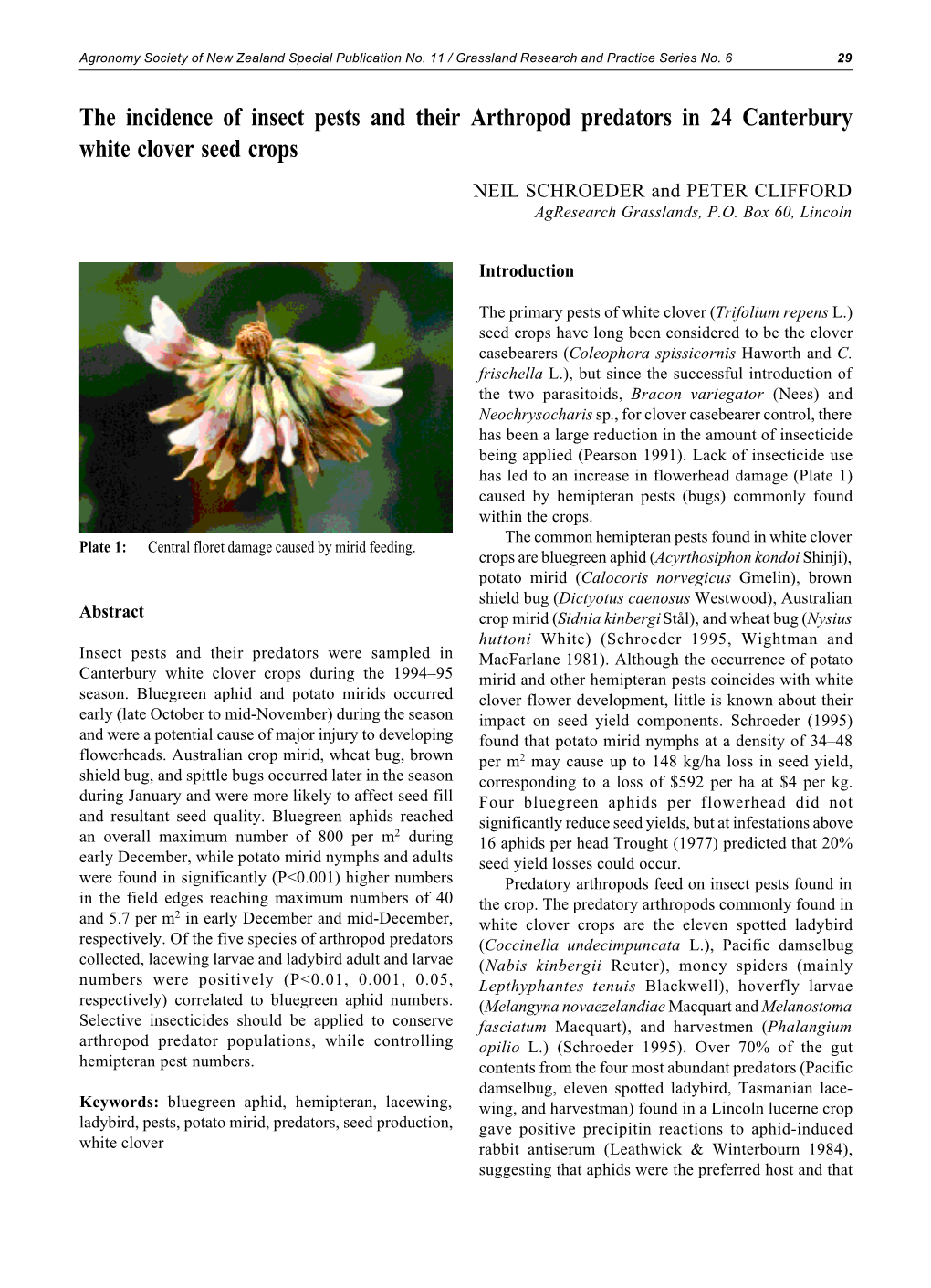 The Incidence of Insect Pests and Their Arthropod Predators in 24 Canterbury White Clover Seed Crops NEIL SCHROEDER and PETER CLIFFORD Agresearch Grasslands, P.O