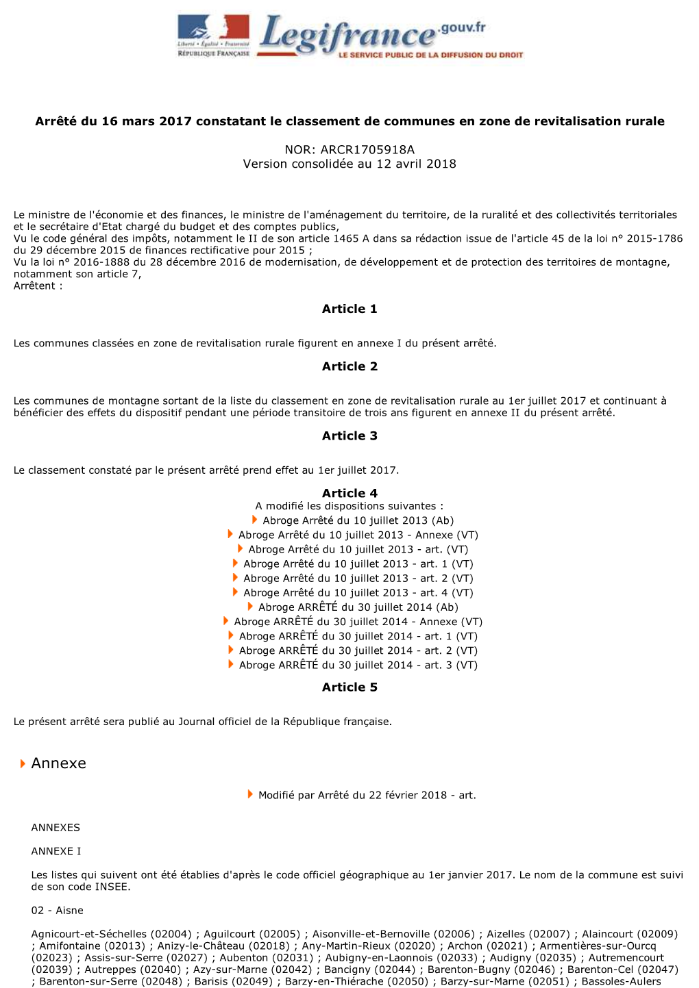 Arrêté Du 16 Mars 2017 Constatant Le Classement De Communes En Zone De Revitalisation Rurale