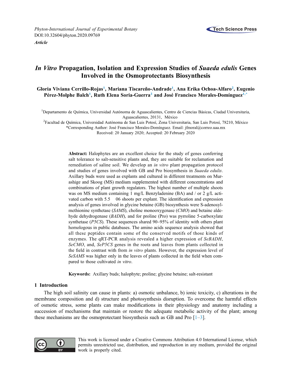 In Vitro Propagation, Isolation and Expression Studies of Suaeda Edulis Genes Involved in the Osmoprotectants Biosynthesis