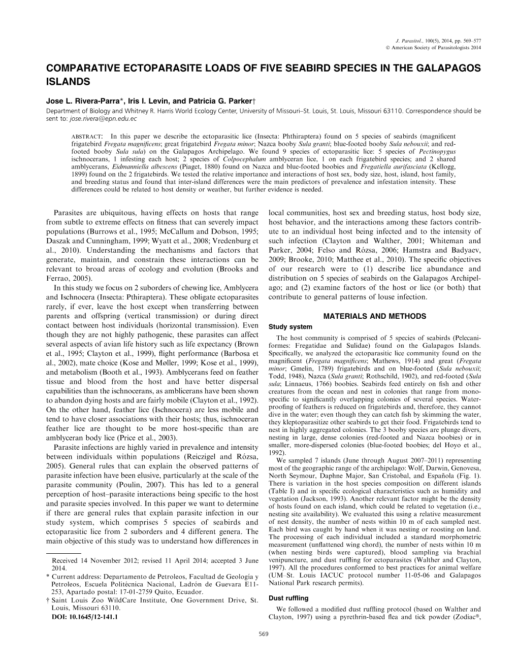 Comparative Ectoparasite Loads of Five Seabird Species in the Galapagos Islands