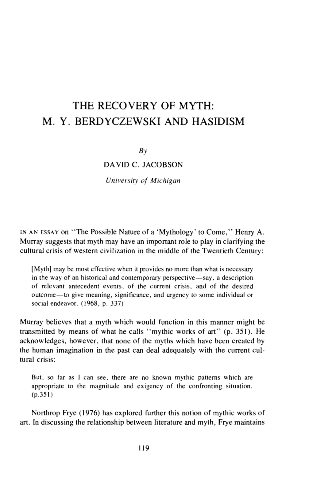 The Recovery of Myth: M. Y. Berdyczewski and Hasidism