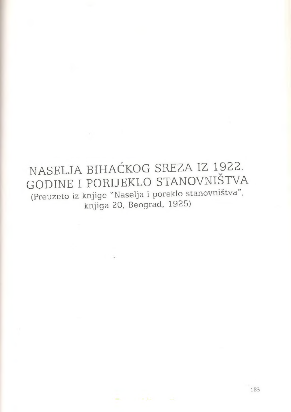 NASELJA BIHAĆKOG SREZA IZ 1922. GODINE I PORIJEKLO STANOVNIŠTVA (Preuzeto Iz Knjige 