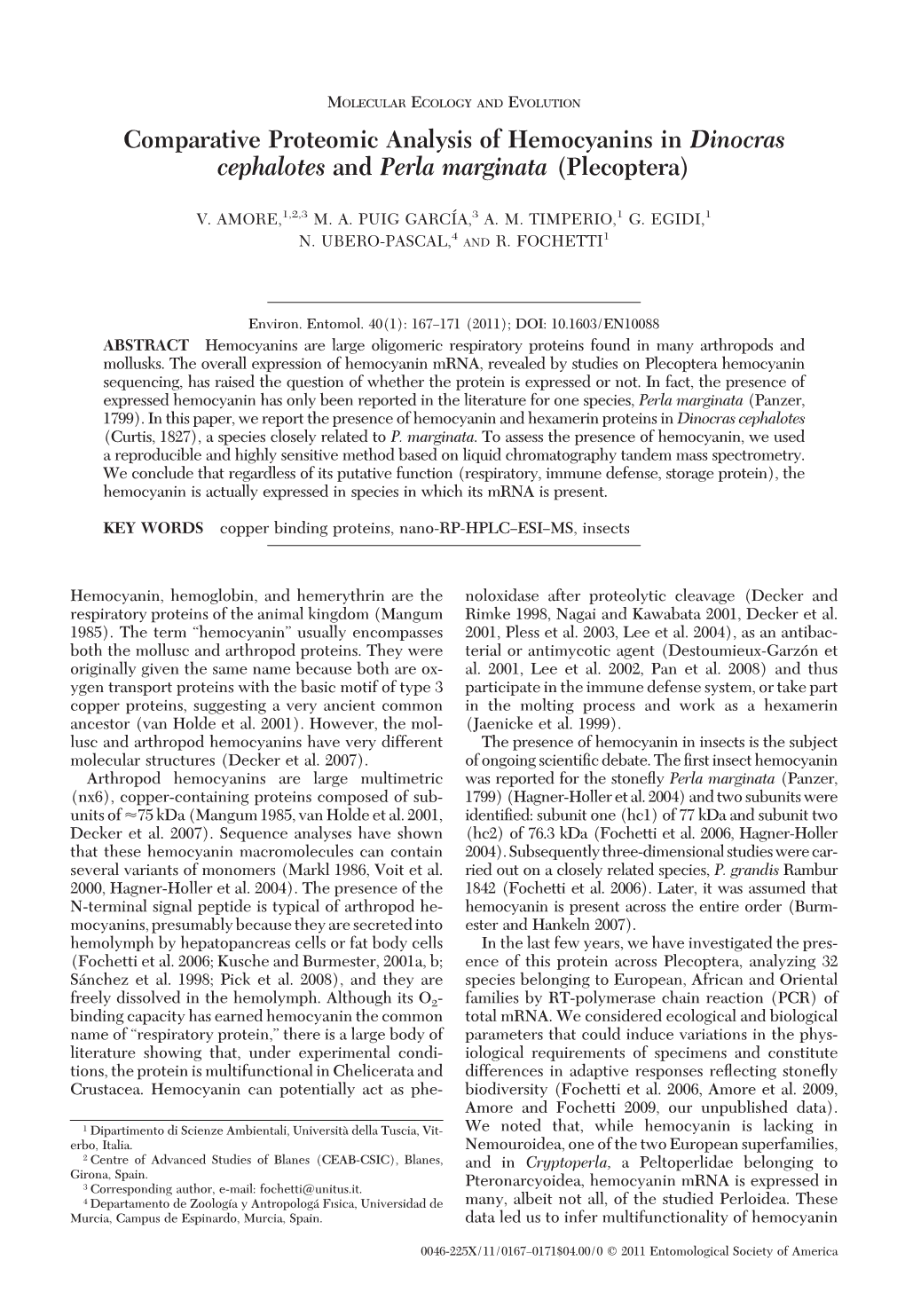 Comparative Proteomic Analysis of Hemocyanins in Dinocras Cephalotes and Perla Marginata (Plecoptera)