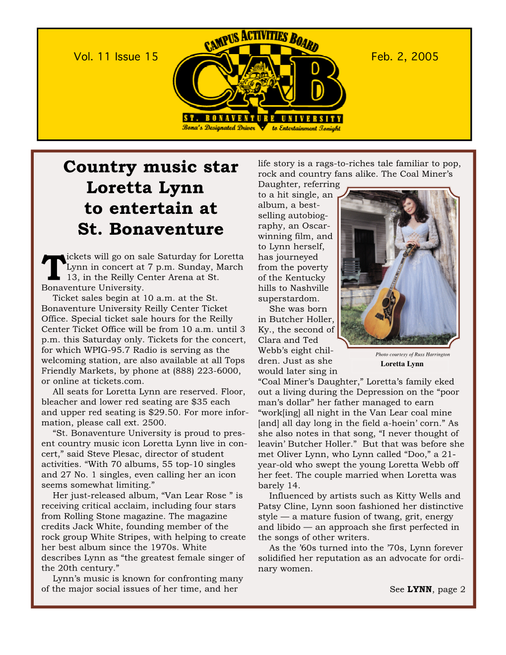 Country Music Star Loretta Lynn to Entertain at St. Bonaventure