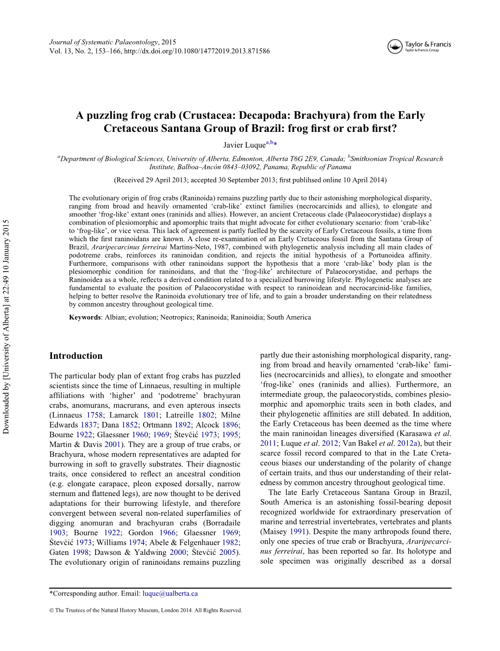 A Puzzling Frog Crab \(Crustacea: Decapoda: Brachyura\) from the Early Cretaceous Santana Group of Brazil: Frog First Or Crab Fi