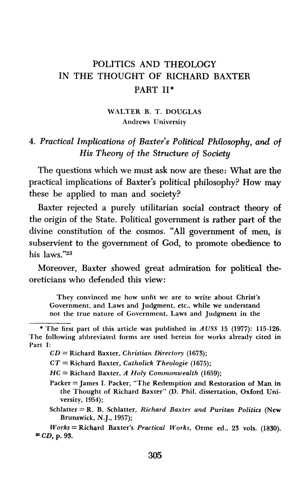 Politics and Theology in the Thought of Richard Baxter, Part II