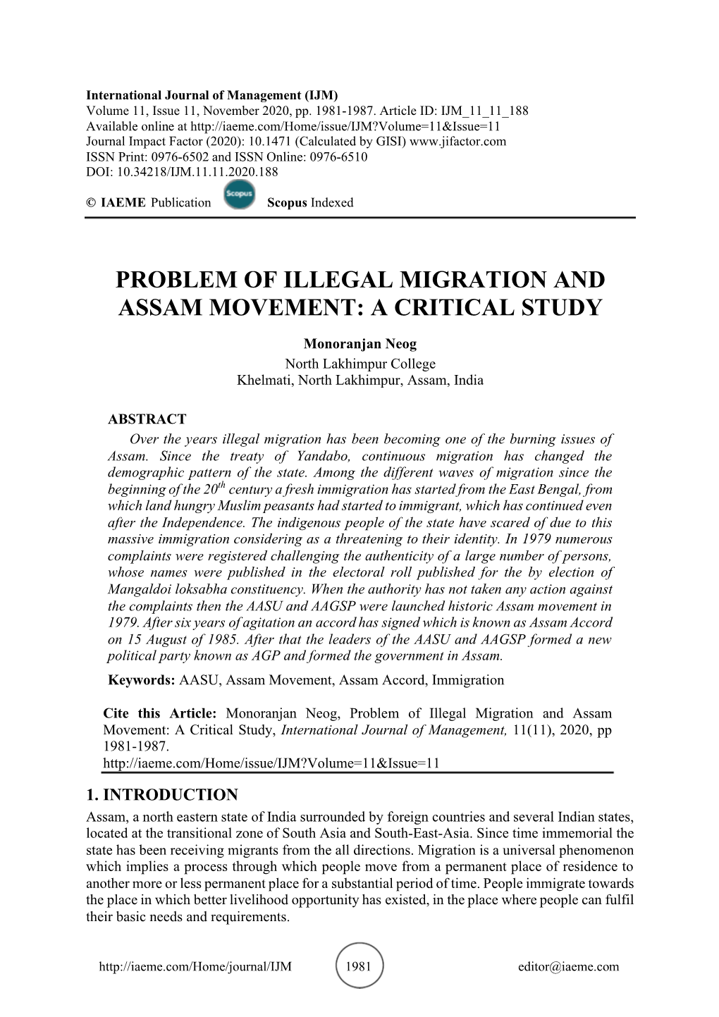 Problem of Illegal Migration and Assam Movement: a Critical Study