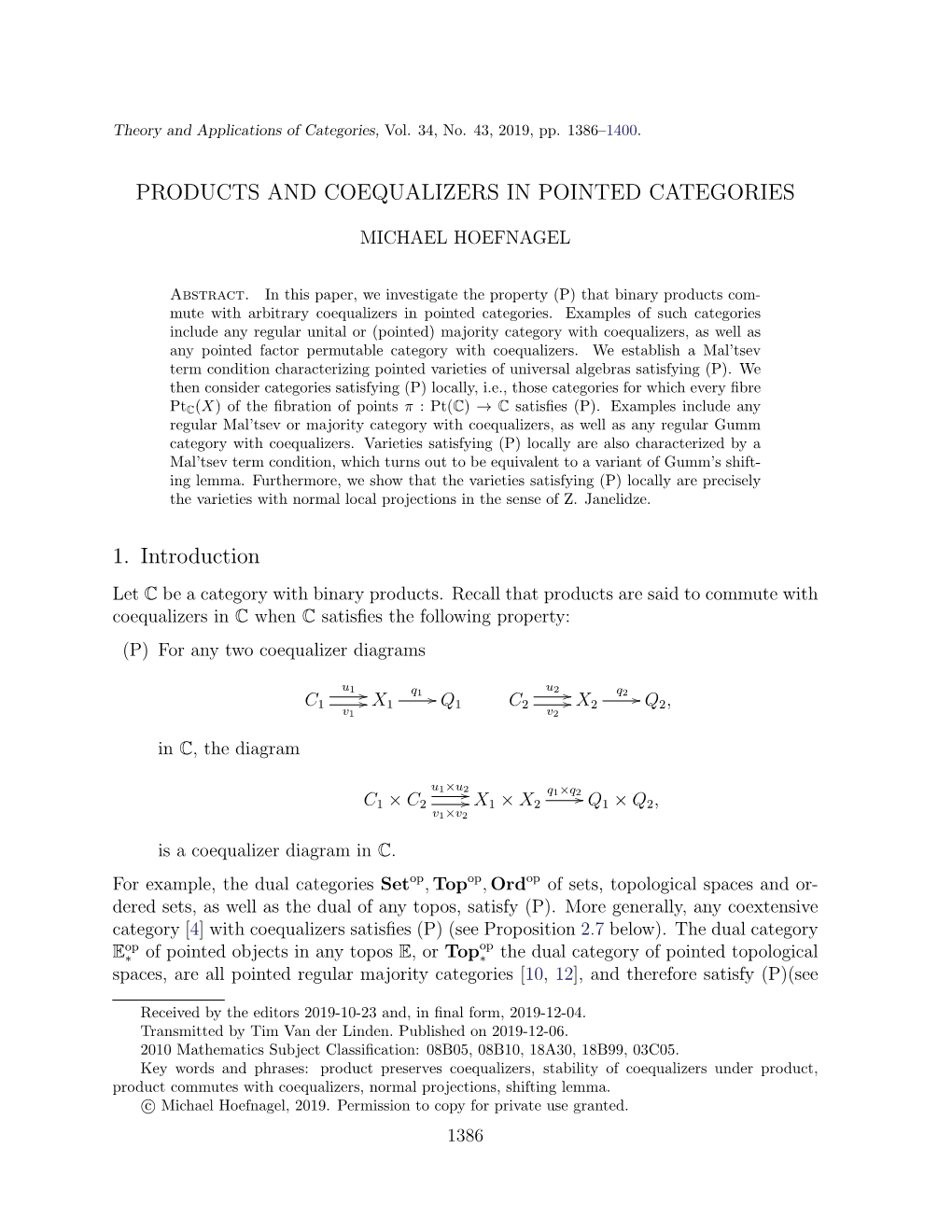 Products and Coequalizers in Pointed Categories 1387