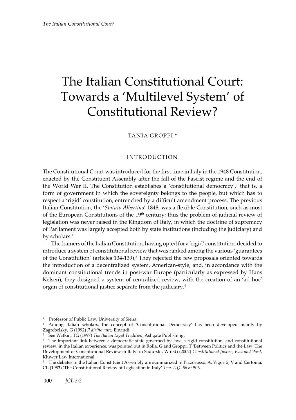 The Italian Constitutional Court: Towards a 'Multilevel System'