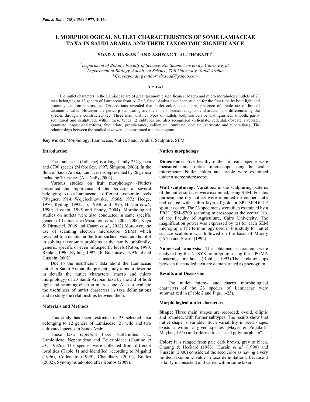 I. Morphological Nutlet Characteristics of Some Lamiaceae Taxa in Saudi Arabia and Their Taxonomic Significance