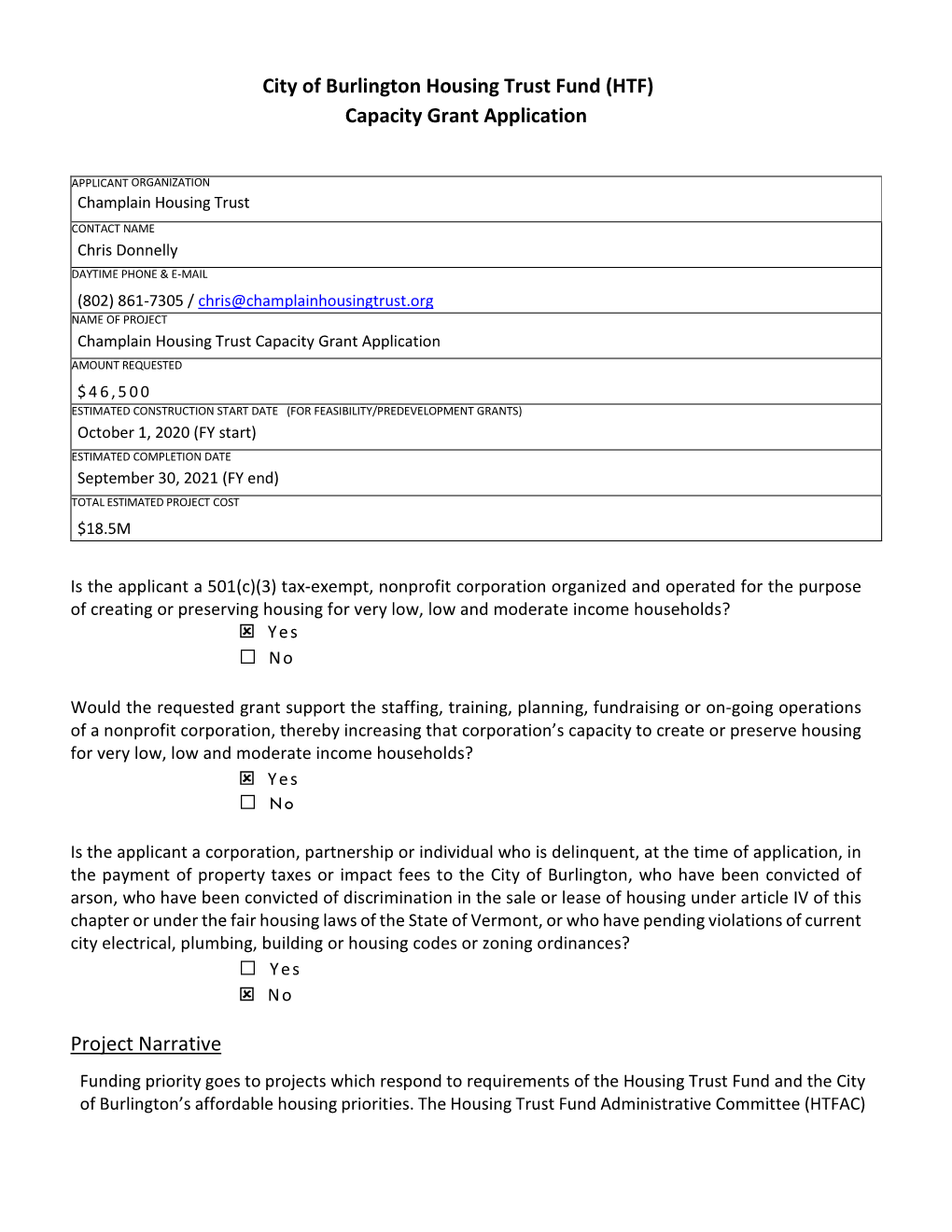 City of Burlington Housing Trust Fund (HTF) Capacity Grant Application