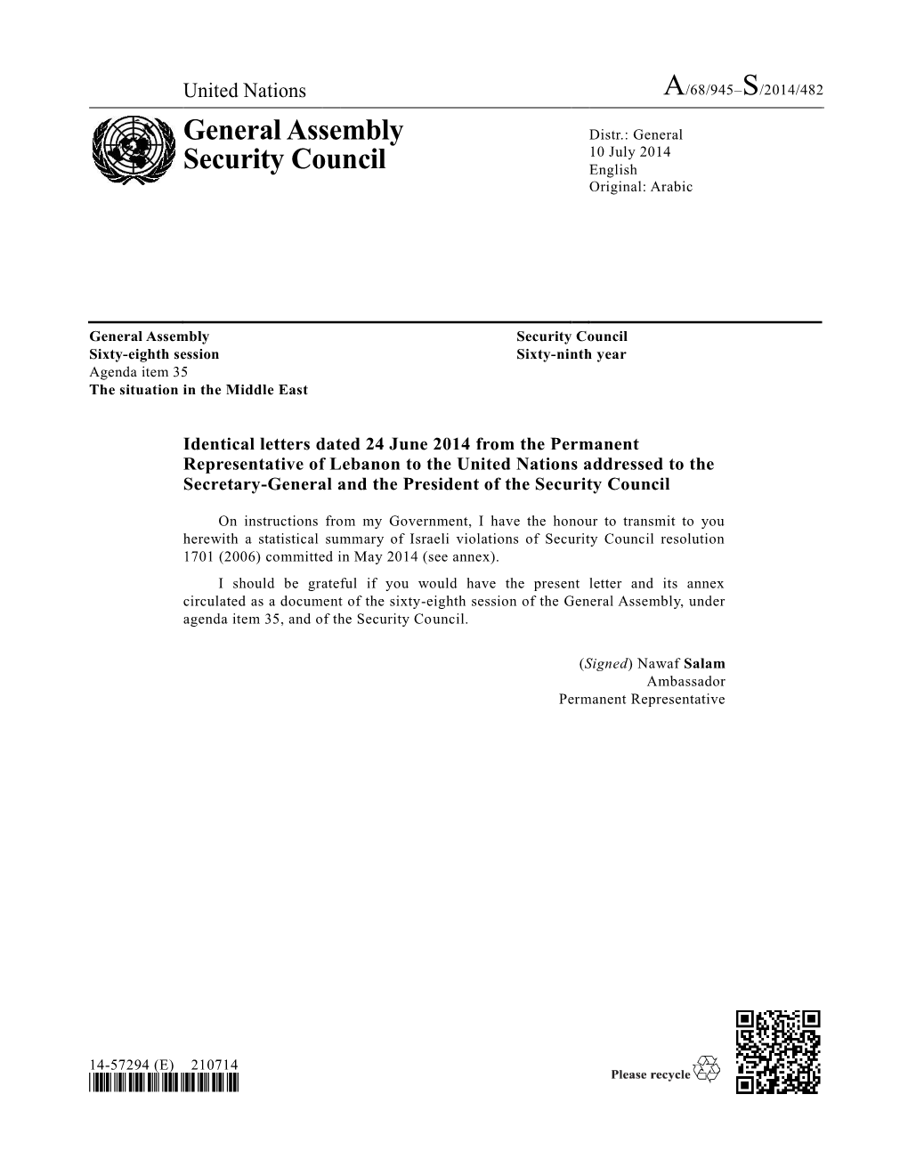 General Assembly Security Council Sixty-Eighth Session Sixty-Ninth Year Agenda Item 35 the Situation in the Middle East