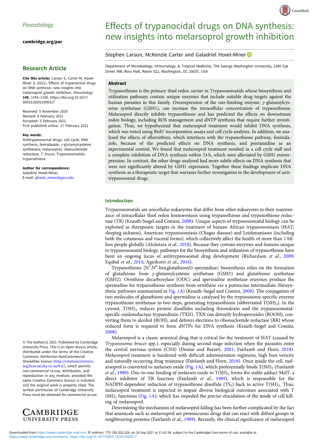 Effects of Trypanocidal Drugs on DNA Synthesis: New Insights Into Melarsoprol Growth Inhibition Cambridge.Org/Par