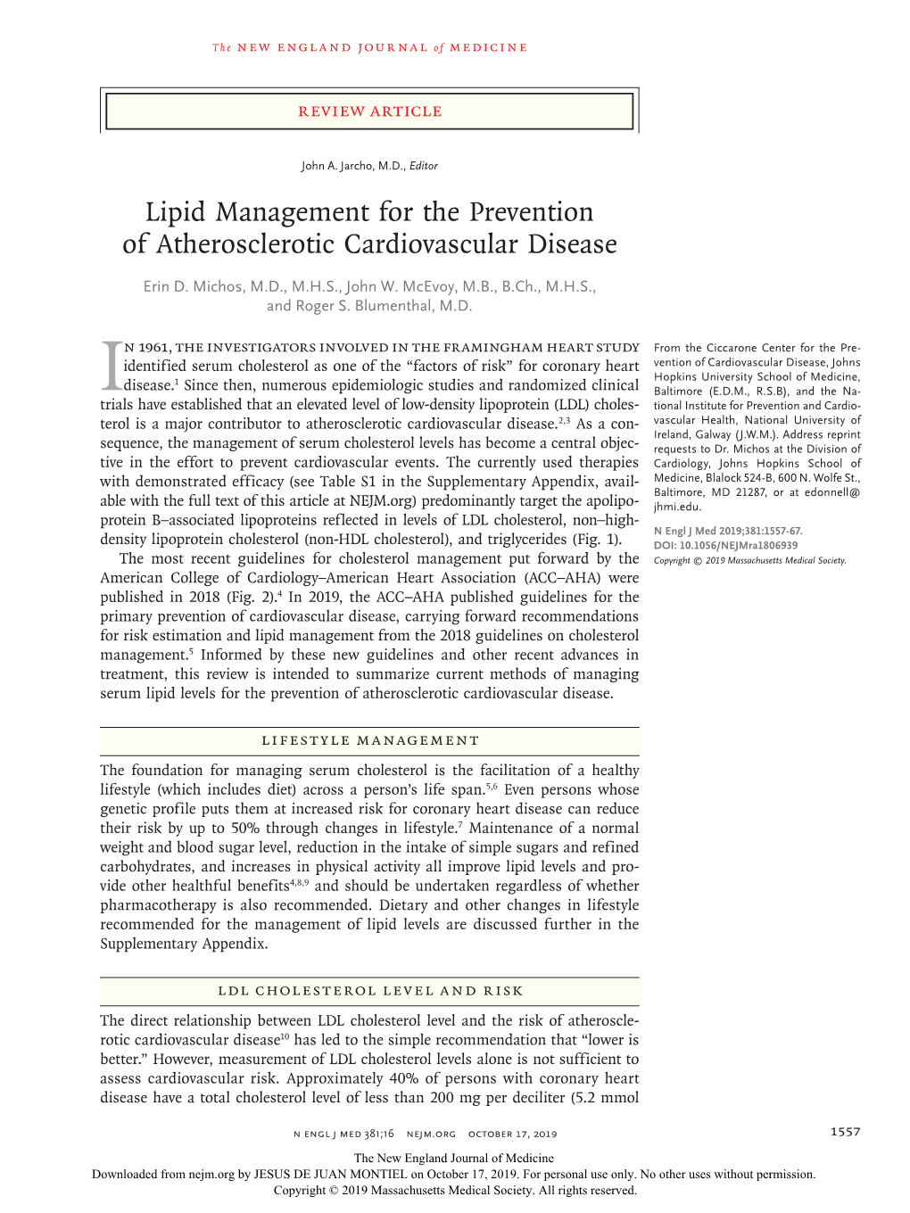 Lipid Management for the Prevention of Atherosclerotic Cardiovascular Disease