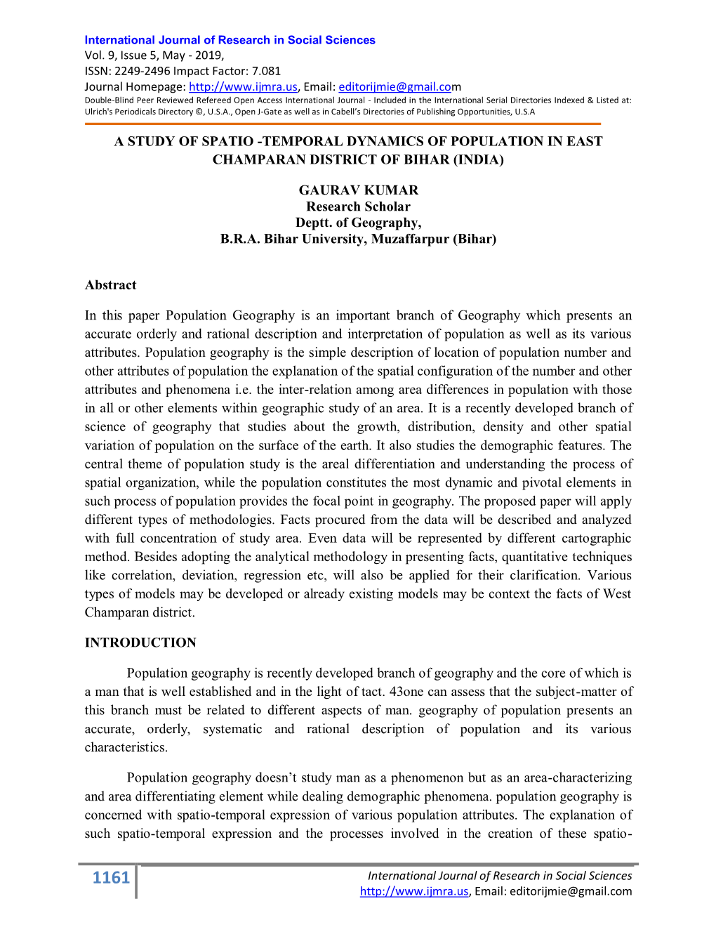 A Study of Spatio -Temporal Dynamics of Population in East Champaran District of Bihar (India)