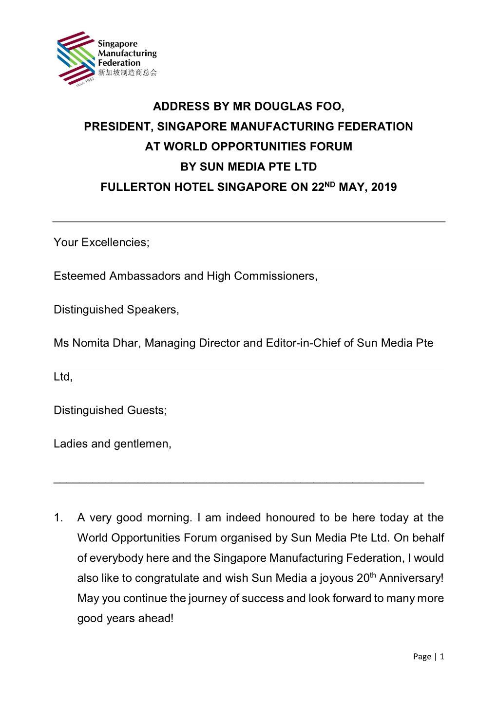 Address by Mr Douglas Foo, President, Singapore