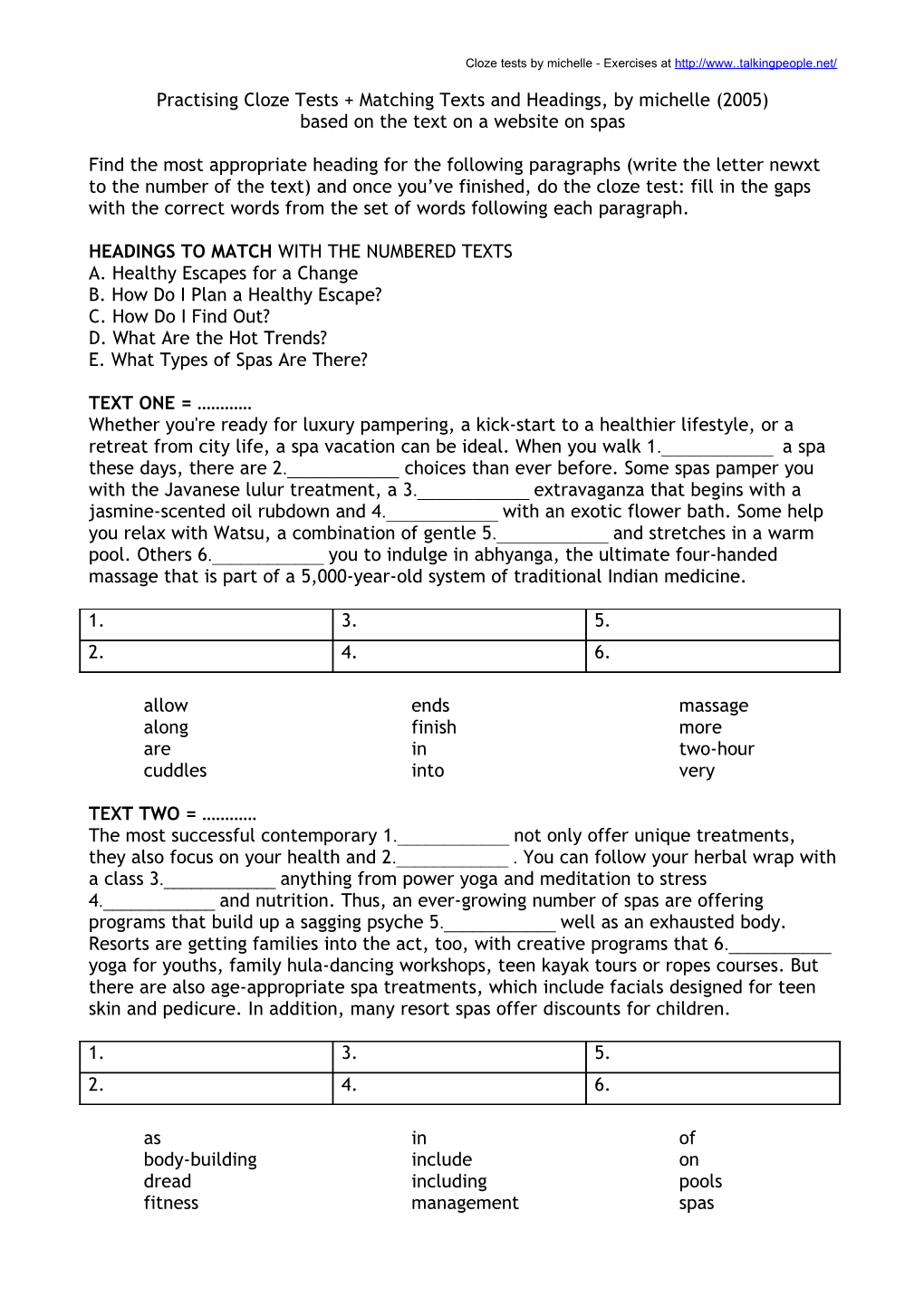 Practising Cloze Tests And Matching Texts And Headings