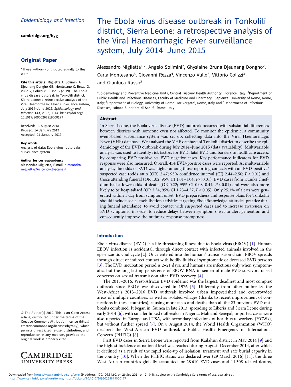 The Ebola Virus Disease Outbreak in Tonkolili District, Sierra Leone