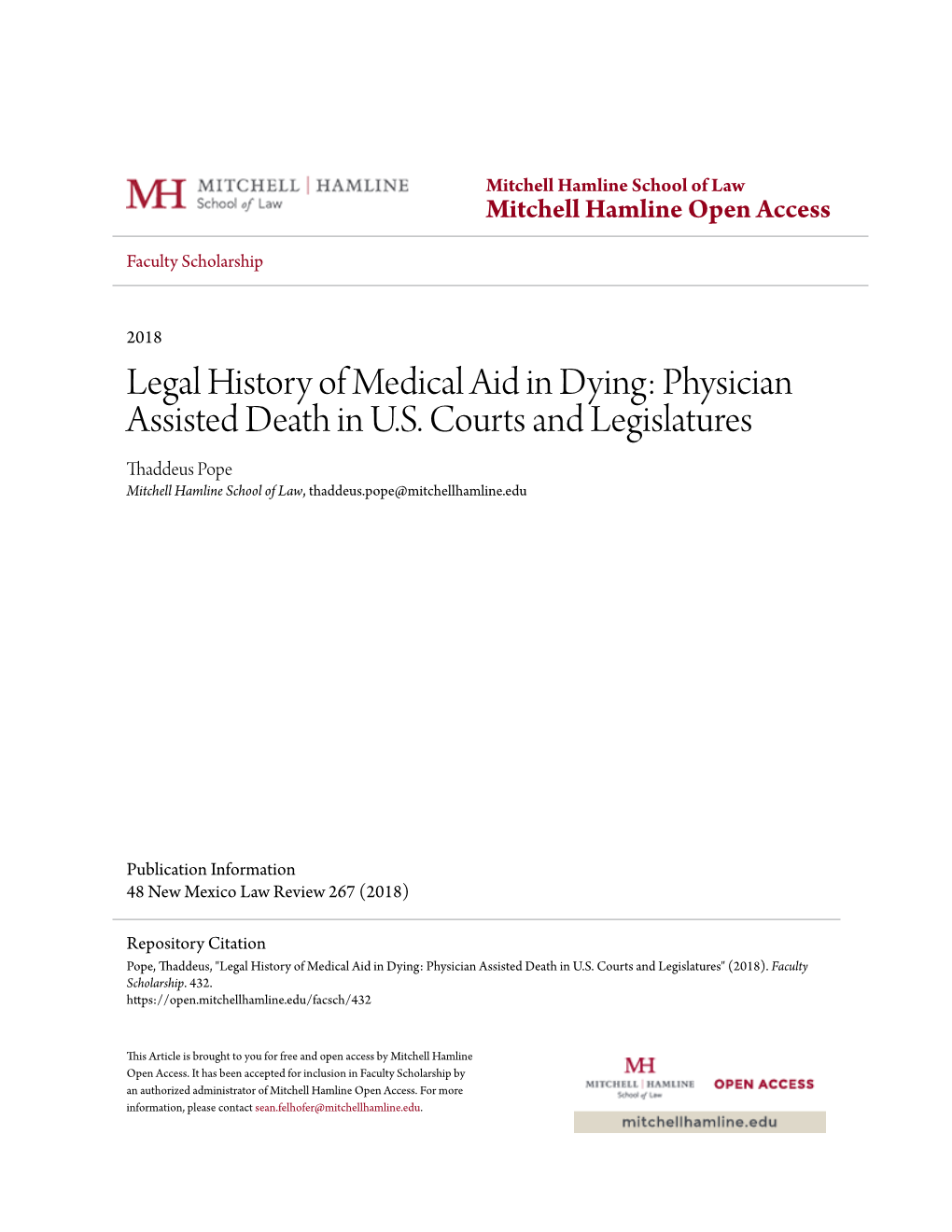 Legal History of Medical Aid in Dying: Physician Assisted Death in U.S. Courts and Legislatures