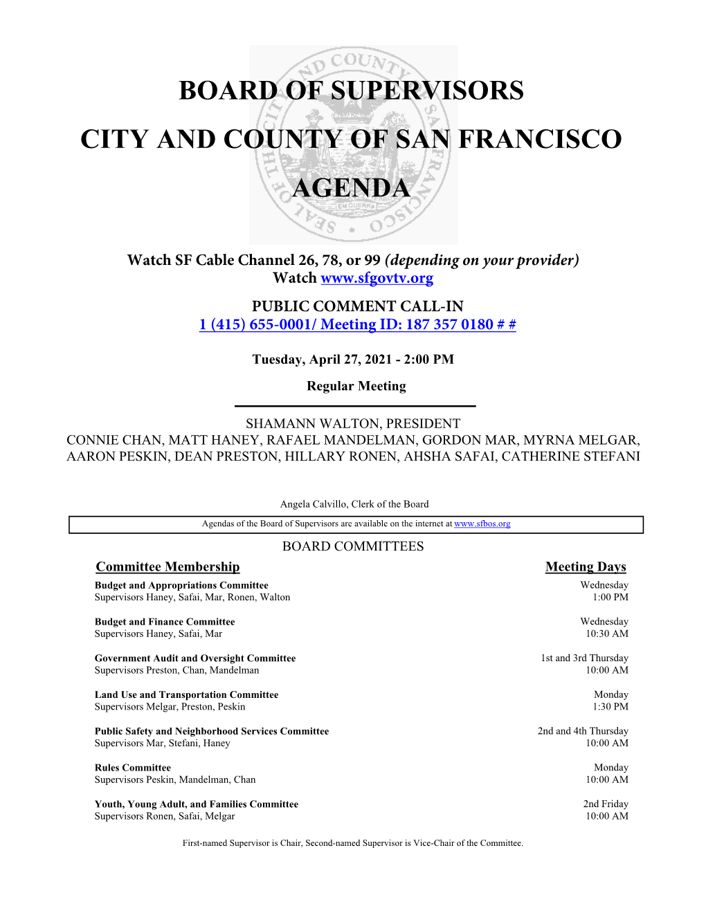 Board of Supervisors City and County of San Francisco Agenda