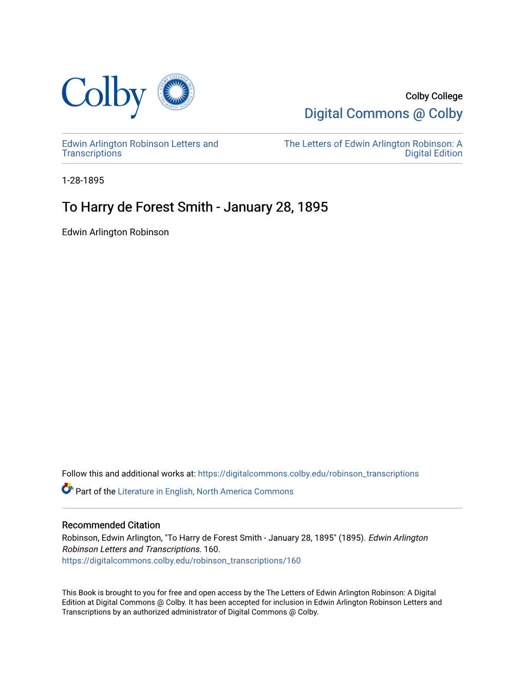 To Harry De Forest Smith - January 28, 1895