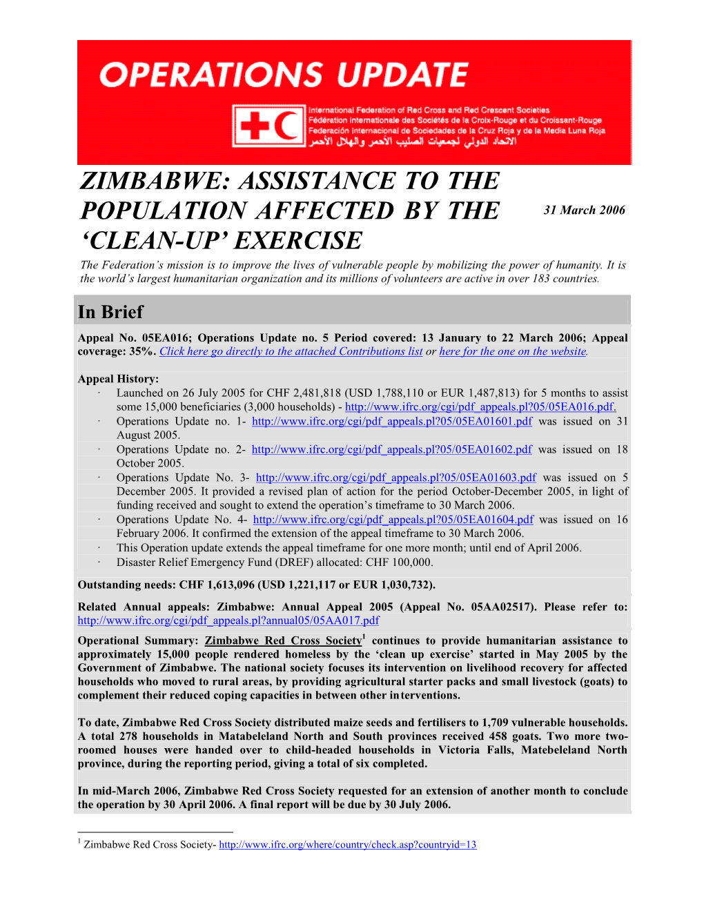 IFRC- Zimbabwe: Assistance to the Population Affected by the ‚Clean-Up