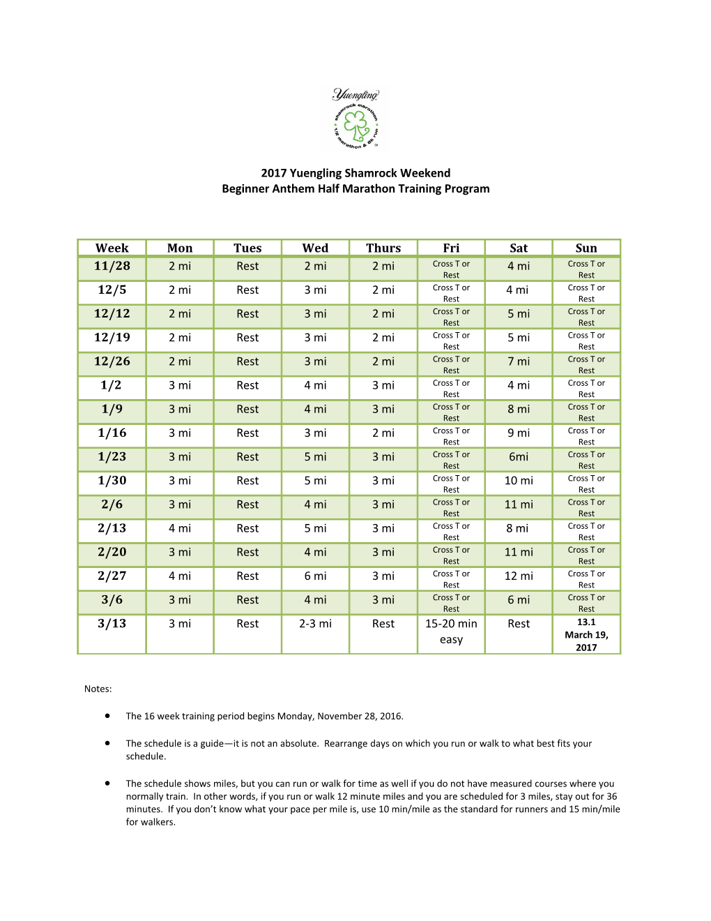 2017 Yuengling Shamrock Weekend Beginner Anthem Half Marathon Training Program