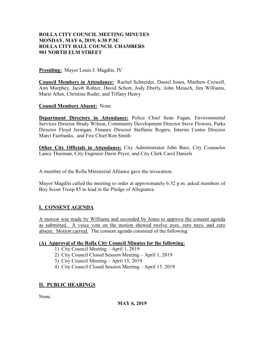 May 6, 2019 Rolla City Council Meeting Minutes