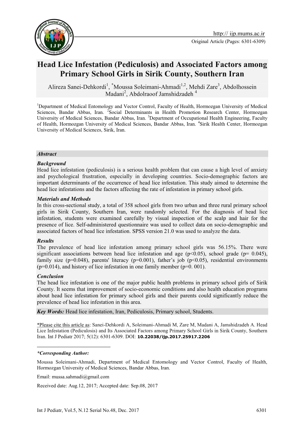 (Pediculosis) and Associated Factors Among Primary School Girls in Sirik