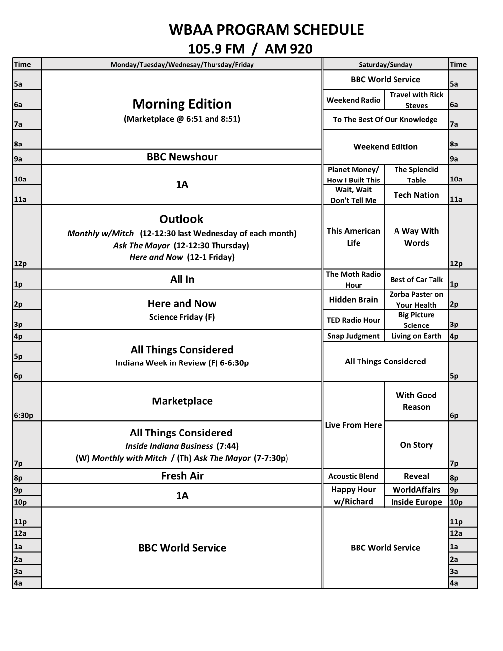 WBAA PROGRAM SCHEDULE 105.9 FM / AM 920 Time Monday/Tuesday/Wednesay/Thursday/Friday Saturday/Sunday Time