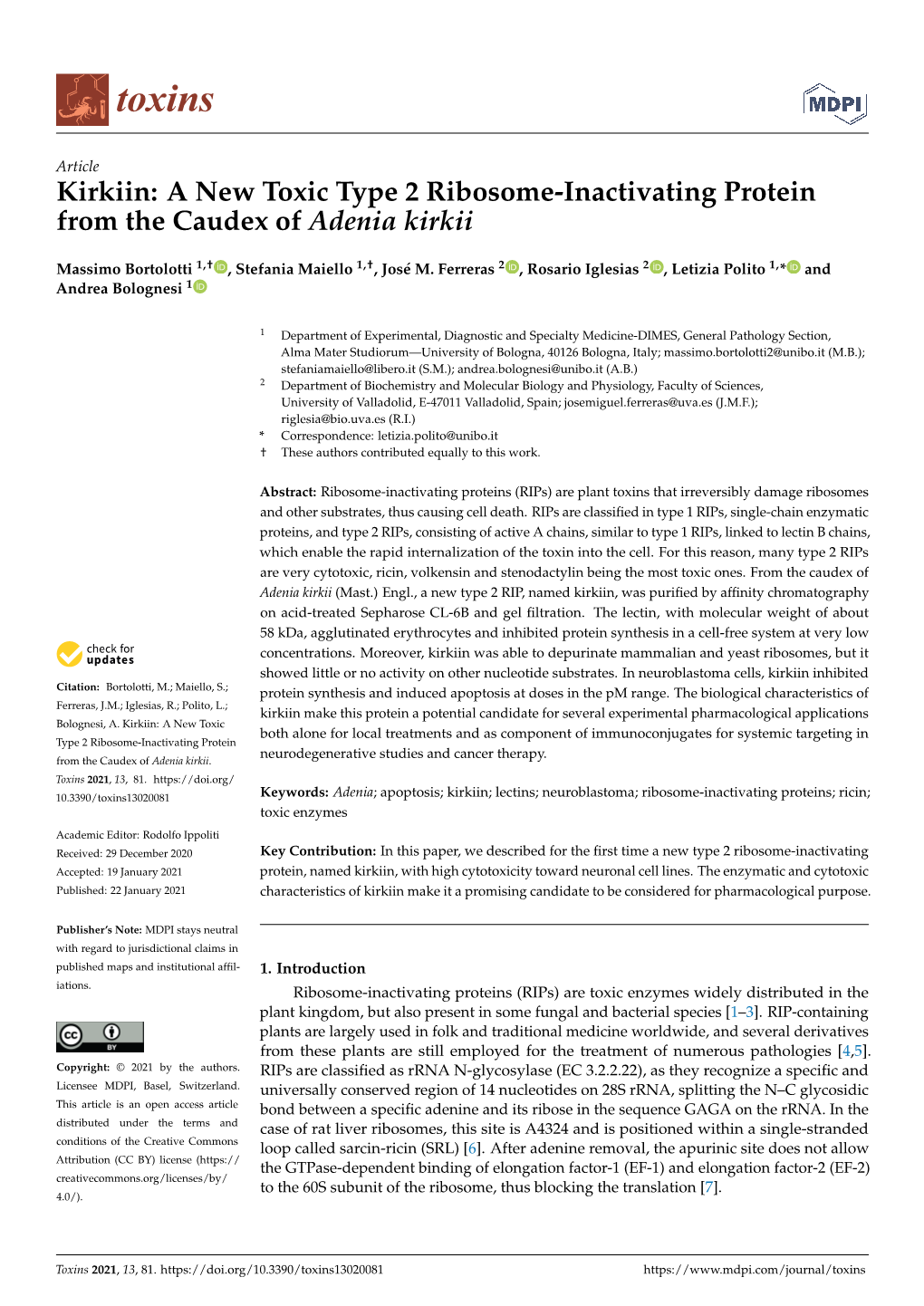 A New Toxic Type 2 Ribosome-Inactivating Protein from the Caudex of Adenia Kirkii